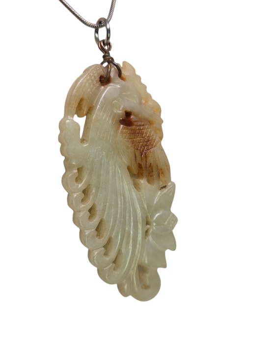 Jewelry - Carved Jade Bird Pendant 925 Sterling Silver Necklace